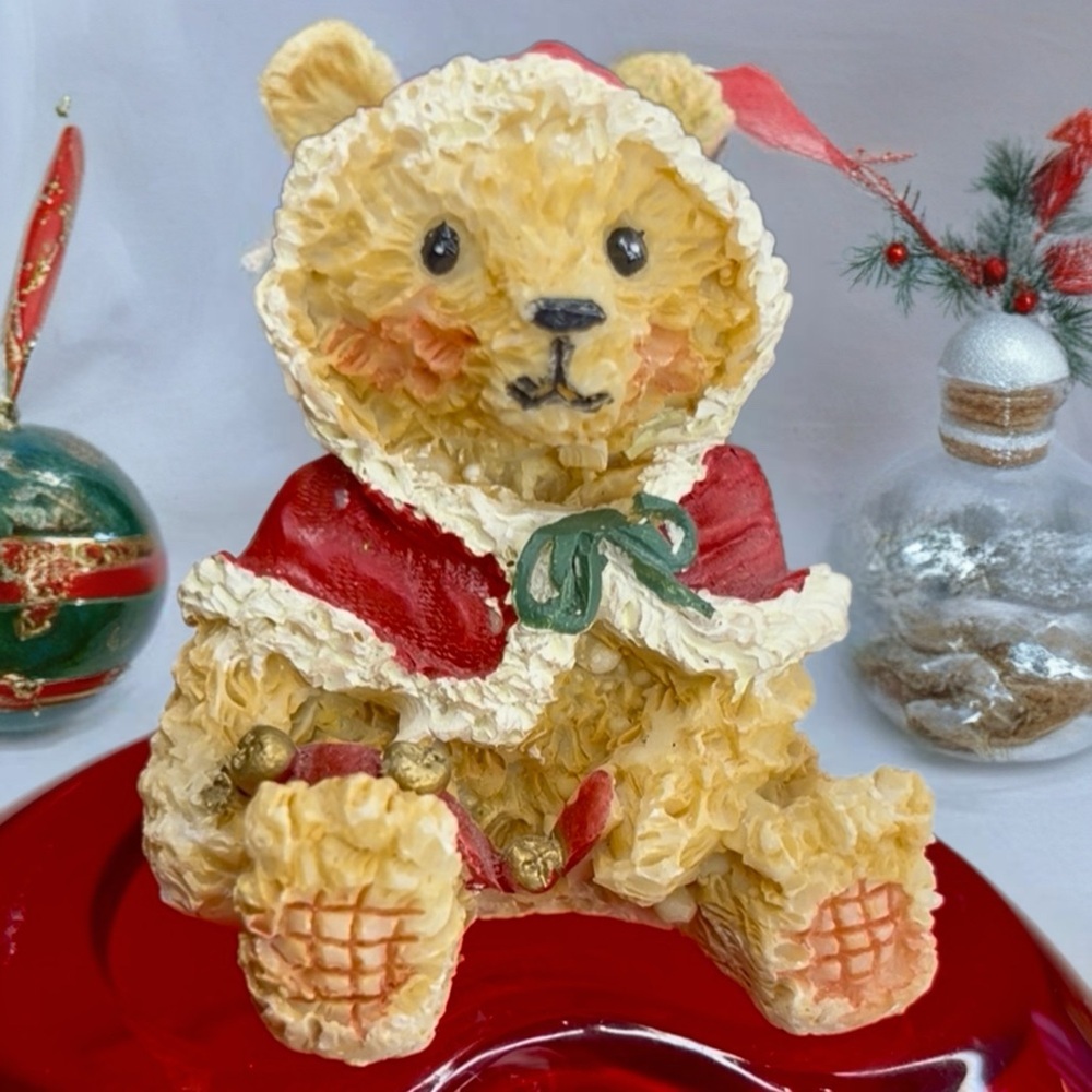 Vintage “ Steven, “ Teddy Bear Figurine with Red and Cream Outfit